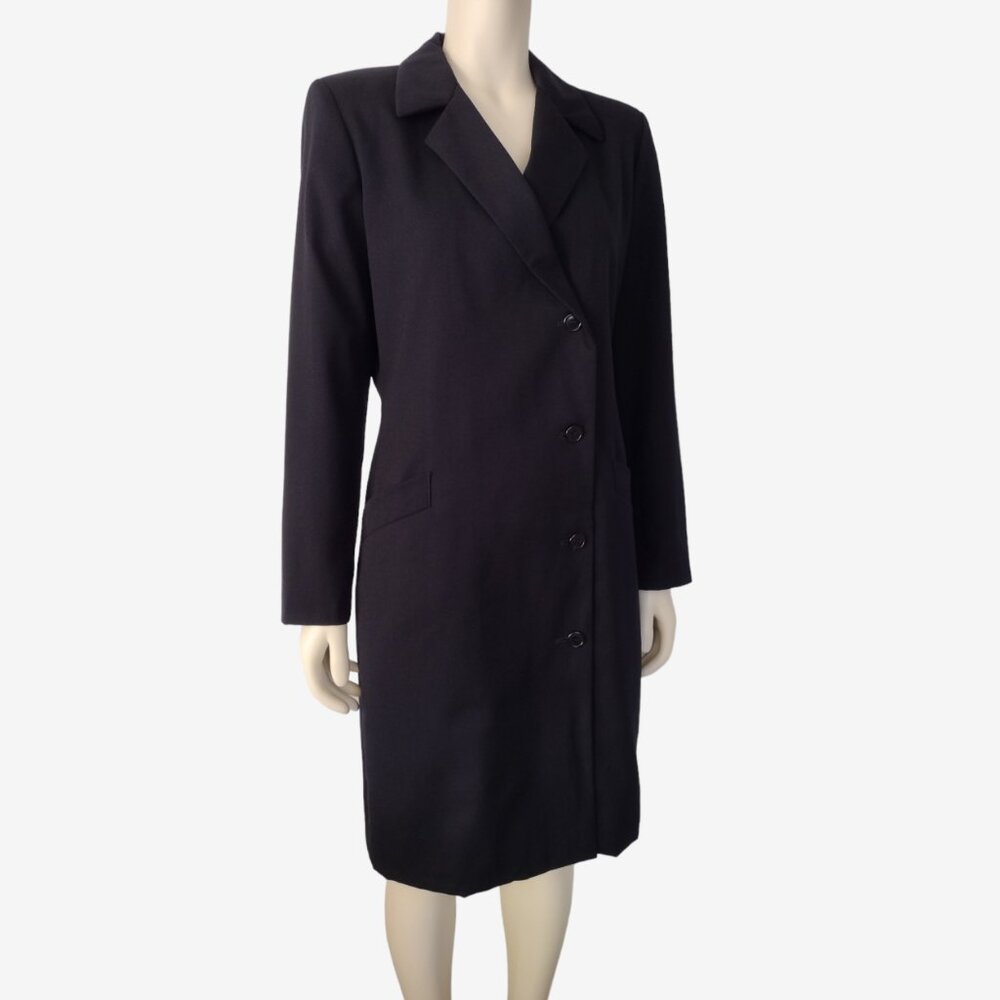 Vintage 1990s Havre Bernard Black Asymmetric 100% Wool Long Fitted Coat - Picture 2 of 14